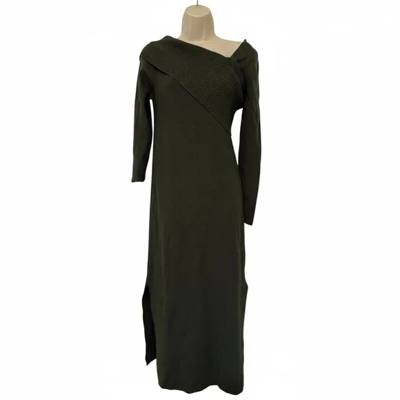 Line & Dot Olive Off-Shoulder Ribbed Knit Bodycon Midi Dress Women’s L - Picture 2 of 5